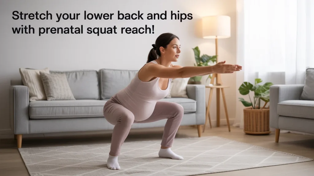 Stretch Your Lower Back and Hips with Prenatal Squat Reach!