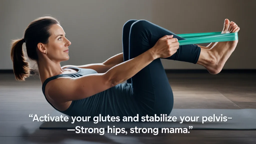Activate your glutes and stabilize your pelvis—strong hips, strong mama.