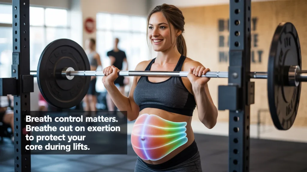 Breath control matters. Breathe out on exertion to protect your core during lifts.