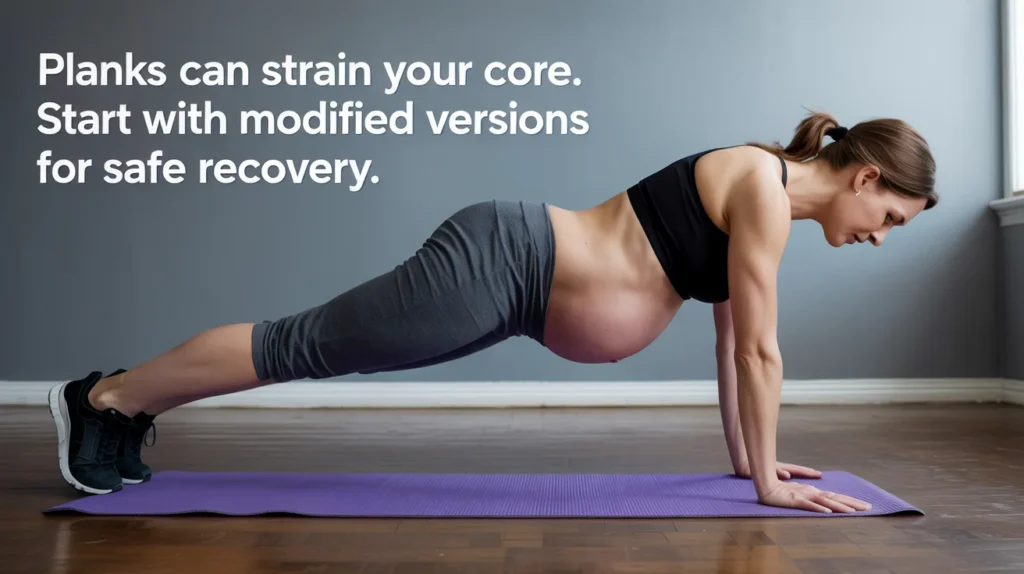 Planks can strain your core. Start with modified versions for safe recovery.