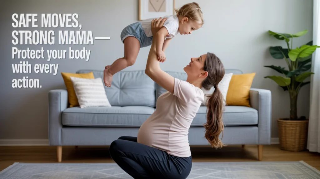 Safe moves, strong mama—protect your body with every action.