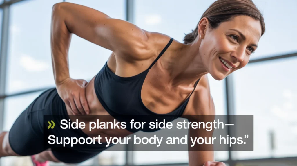 Side planks for side strength—support your body and your hips.