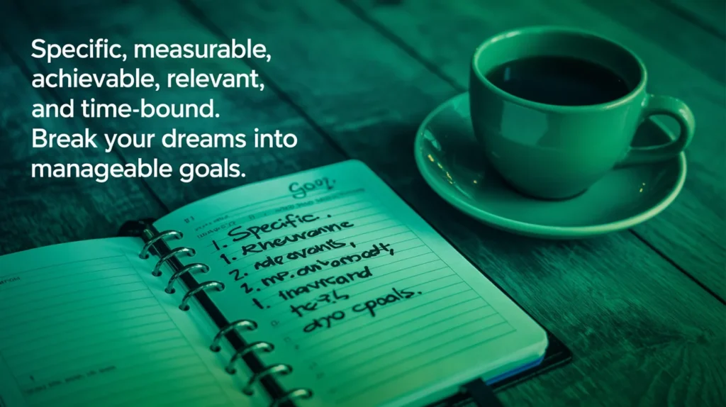 Specific, measurable, achievable, relevant, and time-bound. Break your dreams into manageable goals.