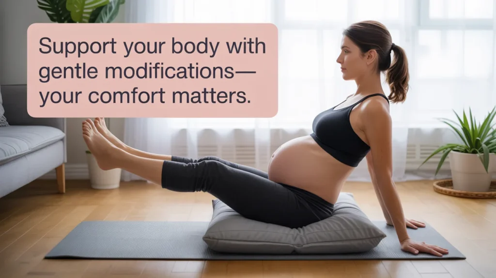 Support your body with gentle modifications—your comfort matters.