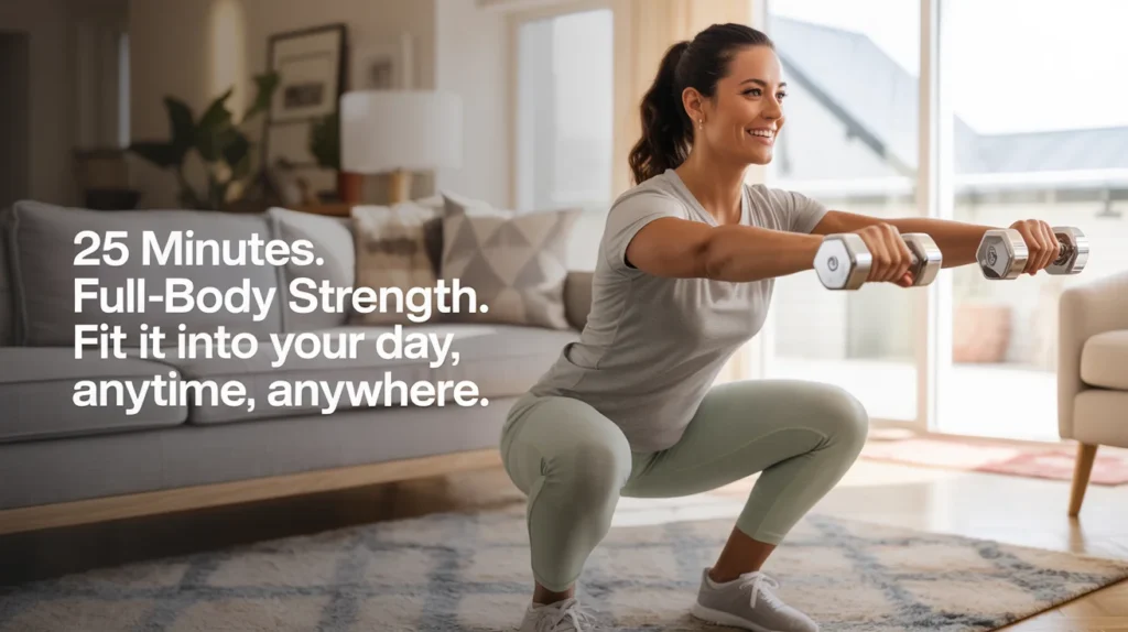 25 minutes. Full-body strength. Fit it into your day, anytime, anywhere.