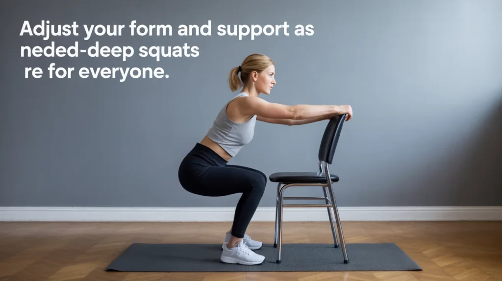 Adjust your form and support as needed—deep squats are for everyone.