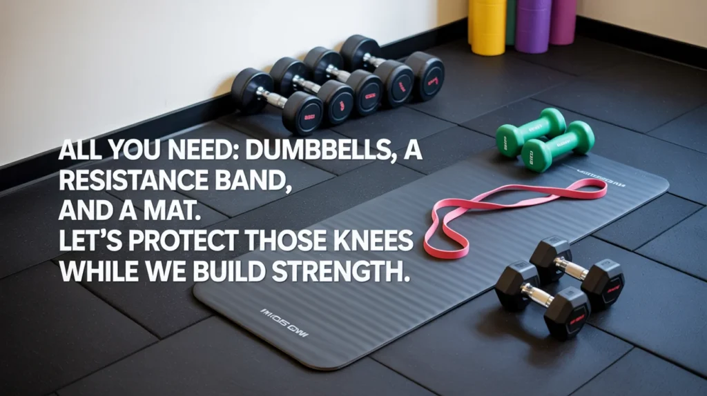 All you need Dumbbells, a resistance band, and a mat. Let’s protect those knees while we build strength