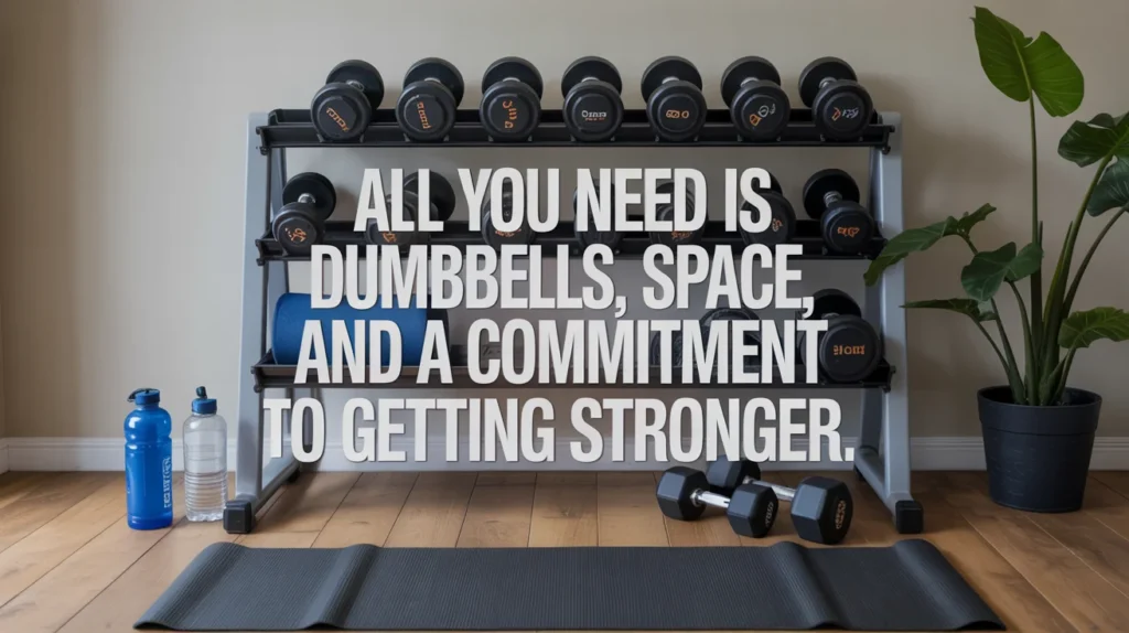 All you need is dumbbells, space, and a commitment to getting stronger.”