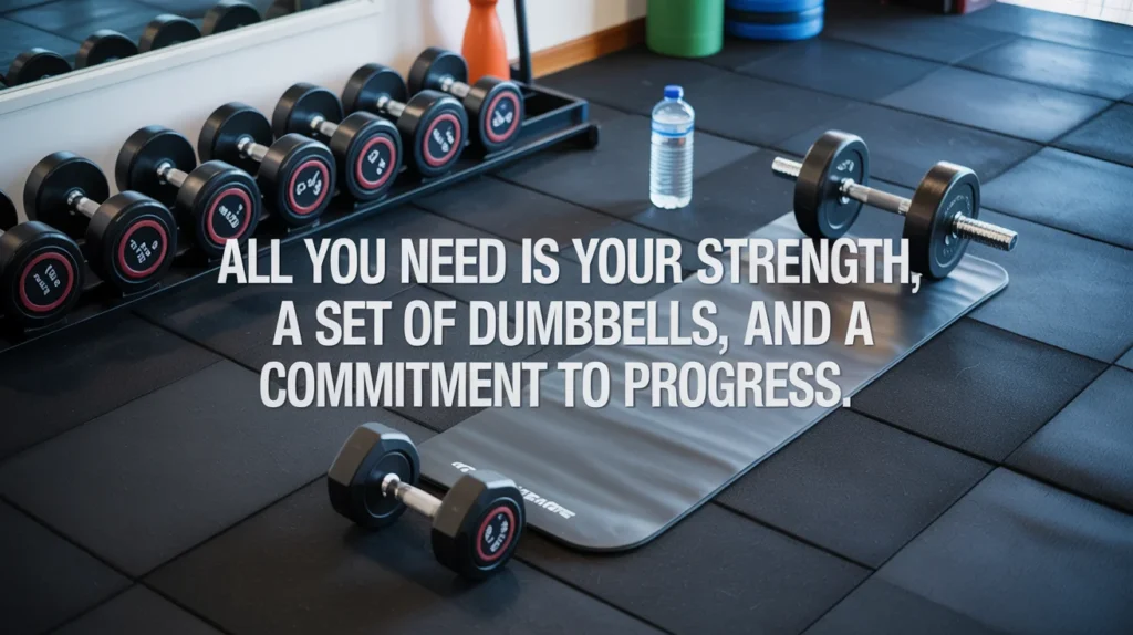 All you need is your strength, a set of dumbbells, and a commitment to progress.”