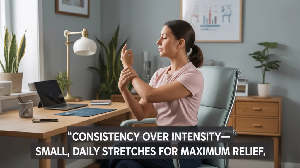 Consistency over intensity—small, daily stretches for maximum relief.