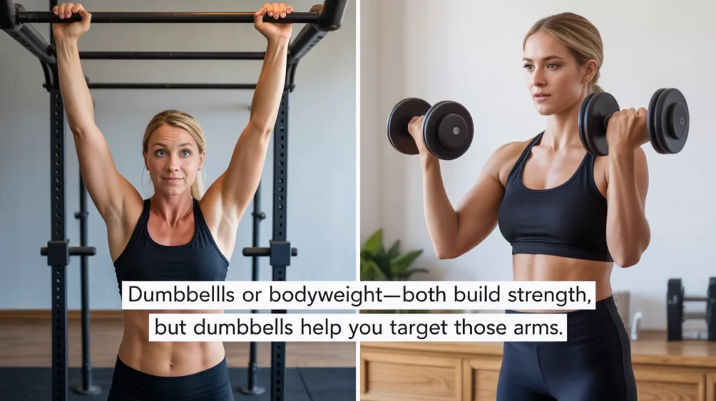 Dumbbells or bodyweight—both build strength, but dumbbells help you target those arms.