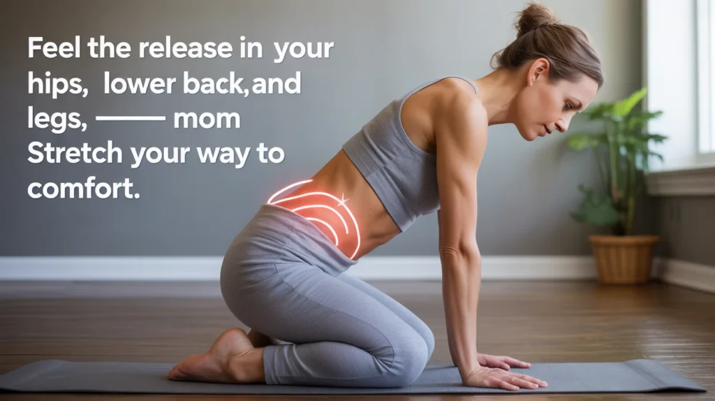 Feel the release in your hips, back, and legs, mom—stretch your way to comfort.