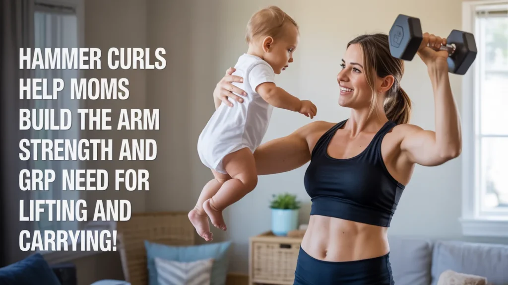 Hammer Curls help moms build the arm strength and grip they need for lifting and carrying!