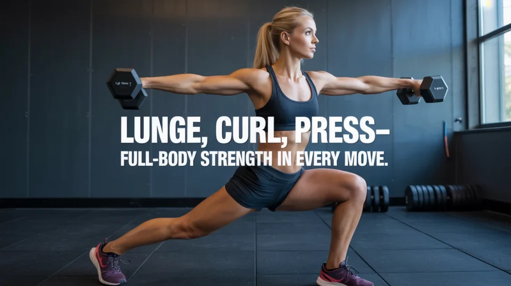 Lunge, curl, press—full-body strength in every move.
