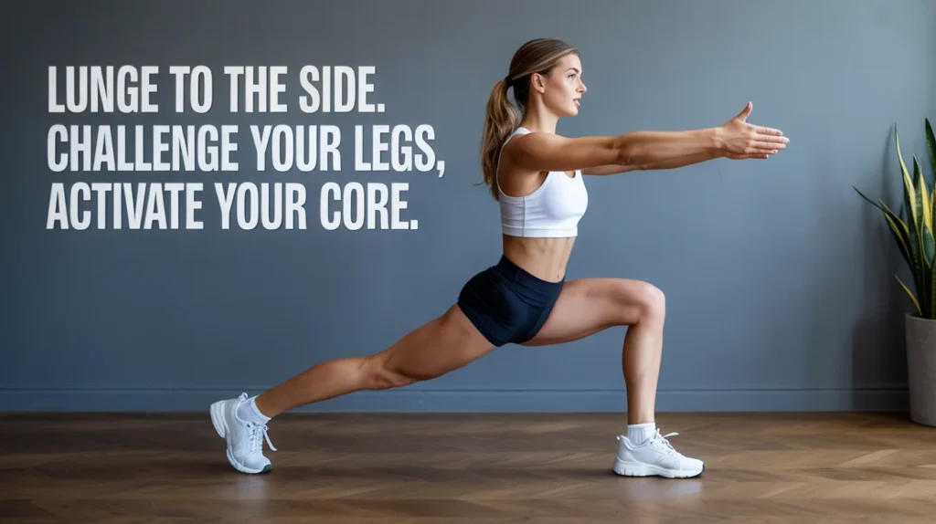 Lunge to the side. Challenge your legs, activate your core.