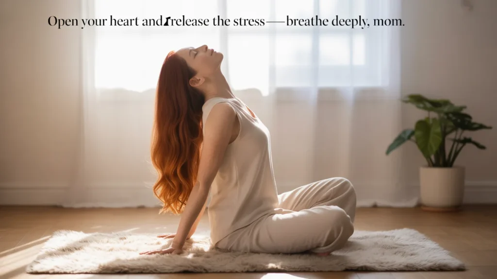 Open your heart and release the stress—breathe deeply, mom.