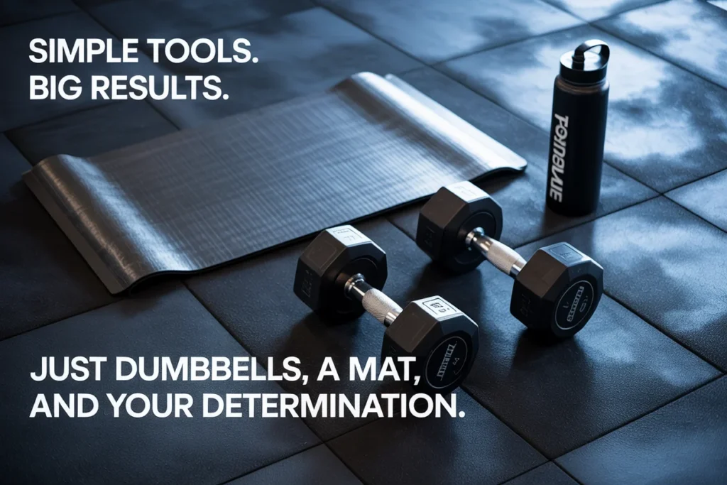 Simple tools. Big results. Just dumbbells, a mat, and your determination.