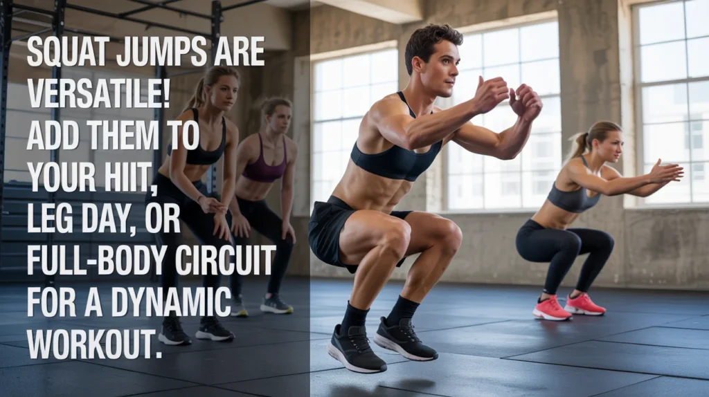 Squat Jumps are versatile! Add them to your HIIT, leg day, or full-body circuit for a dynamic workout.