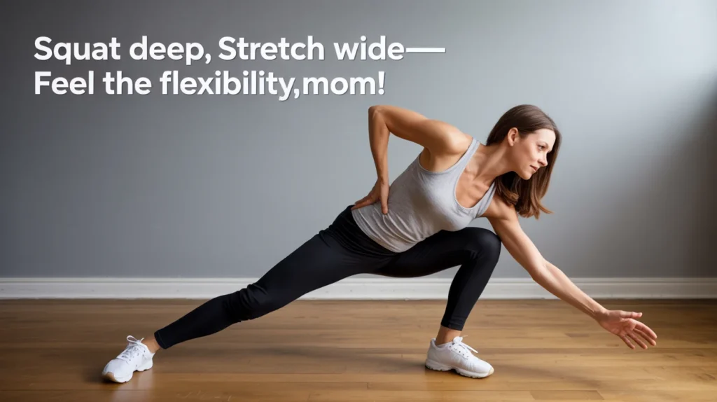 Squat deep, stretch wide—feel the flexibility, mom