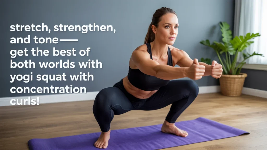 Stretch, strengthen, and tone—get the best of both worlds with the Yogi Squat with Concentration Curls!