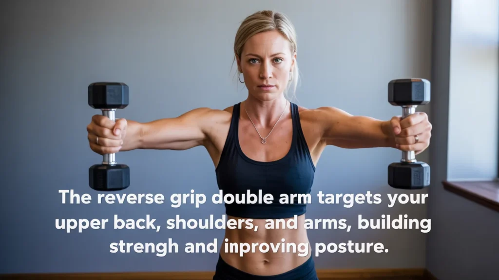 The Reverse Grip Double Arm Row targets your upper back, shoulders, and arms, building strength and improving posture.