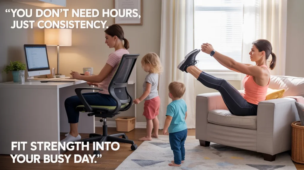You don’t need hours, just consistency. Fit strength into your busy day.